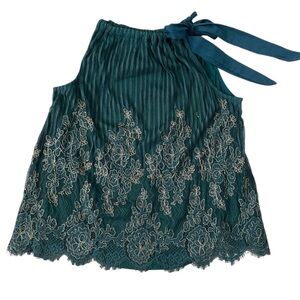 Anthropologie Bl^nk London Teal Gold Lace Sleeveless Tie Neck Blouse Size Small
